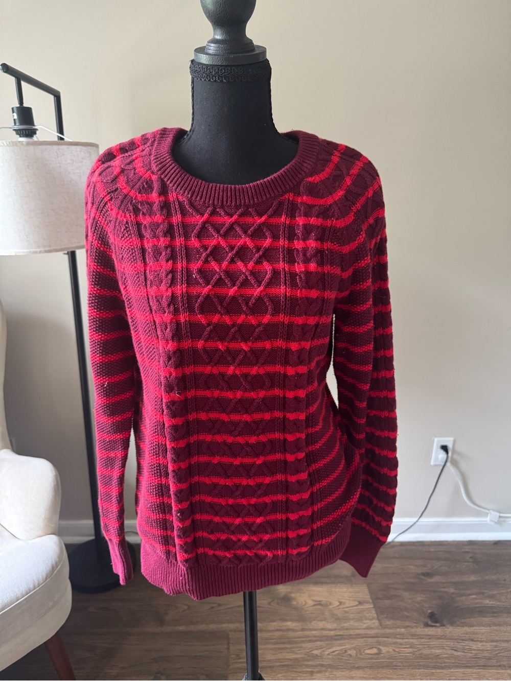 GAP Red and Burgundy Striped Cable-Knit‎ Crewneck Sweater